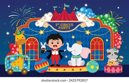 Circus theme illustration with a cute boy and animals on blue background