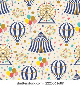 Circus theme pattern. Seamless pattern with vintage carnival elements. Vector illustration.