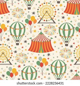 Circus theme pattern. Seamless pattern with vintage carnival elements. Vector illustration.