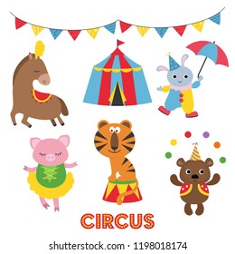 Circus theme. Set of circus animals and artists with different actions. Includes horse, hare, rabbit, pig, tiger, bear.