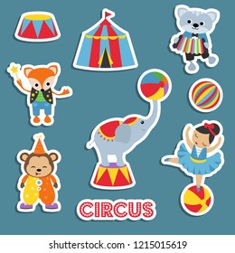 Circus theme. Set of circus animals and artists with different actions. Includes fox, monkey, cat, elephant, gymnast.