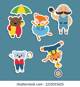 Circus theme. Set of circus animals and artists with different actions. Includes bear, strongman, cat, tiger, fox.