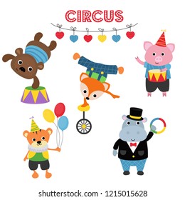 Circus theme. Set of circus animals and artists with different actions. Includes bear, fox, piglet, tiger, hippo.
