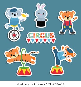 Circus theme. Set of circus animals and artists with different actions. Includes cat, tiger, rabbit, hare, fox.