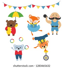 Circus theme. Set of circus animals and artists with different actions. Includes bear, strongman, cat, tiger, fox.