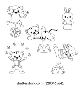 Circus theme. Set of circus animals and artists with different actions. Includes cat, tiger, rabbit, hare, fox. ?oloring book.