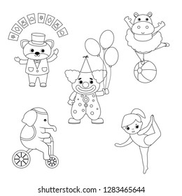 Circus theme. Set of circus animals and artists with different actions. Includes cat, hippopotamus, gymnast, clown, elephant. ?oloring book.