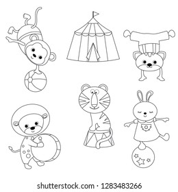 Circus theme. Set of circus animals and artists with different actions. Includes monkey, tiger, cat, lion, rabbit. ?oloring book.