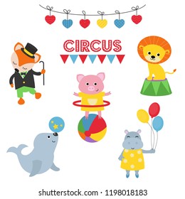 Circus theme. Set of circus animals with different actions. Includes fox, lion, piglet, seal, hippopotamus.