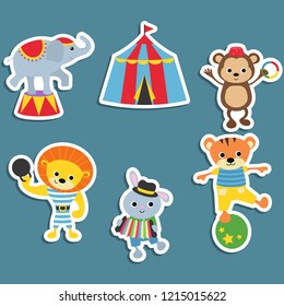 Circus theme. Set of circus animals with different actions. Includes elephant, monkey, lion, rabbit, tiger.