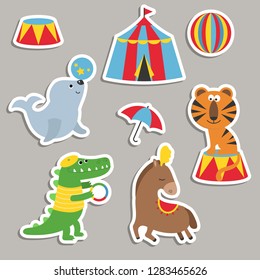 Circus theme. Set of circus animals with different actions.