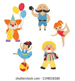 Circus theme. Set of circus artists with different actions. Includes gymnast, acrobat artist, clown et?.