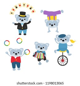 Circus theme. Set of circus cats with different actions.