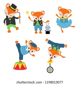 Circus theme. Set of circus foxes with different actions.