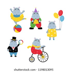 Circus theme. Set of circus hippos with different actions.