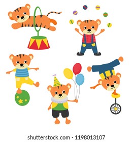 Circus theme. Set of circus tigers with different actions.