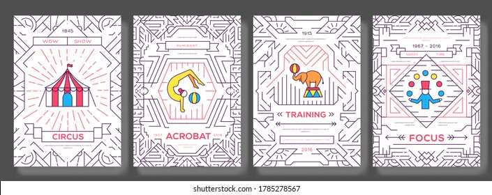 circus thin line brochure cards set. Devices outline invitation concept background. Layout quality modern pages. Festival traditional template of flyear, magazines, posters, book cover, banners. 