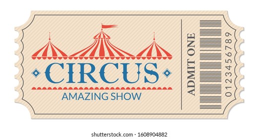 Circus ticket. Amazing show. Retro card with carnival tent or marquee. Admit one coupon. Vector illustration.