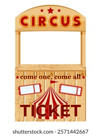 Circus Ticket Bbooth Selling Tickets. Wooden circus ticket booth selling tickets  for the show with big top and marquee sign.