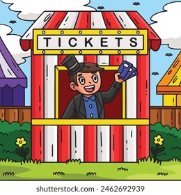 Circus Ticket Booth Colored Cartoon Illustration