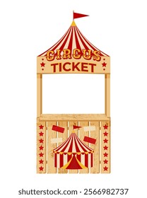 Taquilla de Circo. Cabina de boletos de circo de madera con diseño y bandera de carpa a rayas rojas y beige. Vendiendo entradas para el próximo espectáculo de circo.