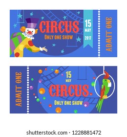 Circus ticket with clown and parrot vector set