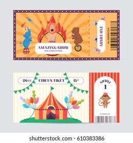 Circus ticket design template. Amazing show with trained animals entrance pass. Birthday invitation card