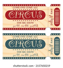 Circus ticket design template with detachable or tear-off part and barcode. Vector illustration in flat style of circus entrance talon, access coupon for big show indicating the sector, row and place.