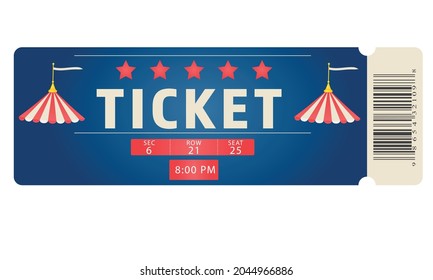 Circus ticket on blue background. Fair. Pass. Barcode