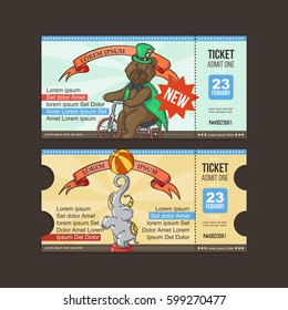Circus Ticket pass. Doodle cartoon set. Vector design template.