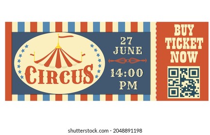 Circus ticket in red and blue.Qr code.