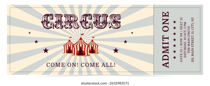 Circus ticket in retro style. Flat vector illustration on white background
