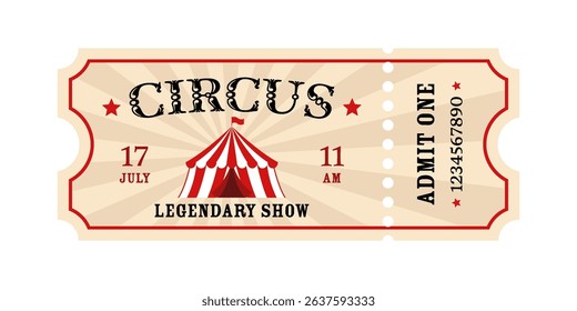 Circus ticket. Retro vector template for admission pass. Coupon with circus tent