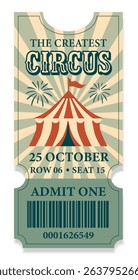 Circus ticket. Vector bright beautiful vertical ticket design template in vintage style, flat style, pastel classic blue and red color palette