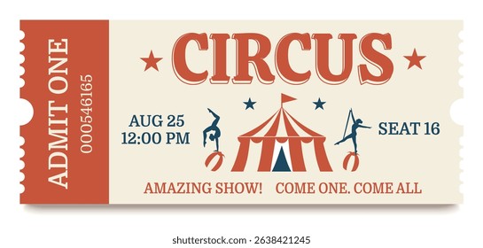 Circus ticket. Vector bright beautiful horizontal ticket design template in vintage style, flat style, pastel classic beige red blue color palette