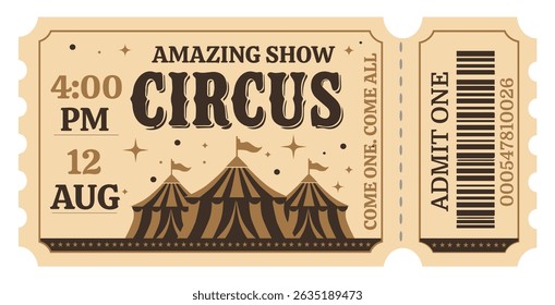 Circus ticket. Vector flat horizontal ticket in vintage style, simple style, brown, gold, beige pastel color palette