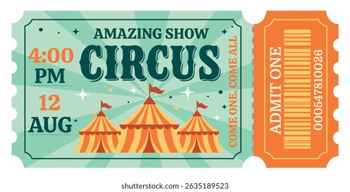 Circus ticket. Vector flat horizontal ticket in vintage style, simple style, orange, blue, blue color palette