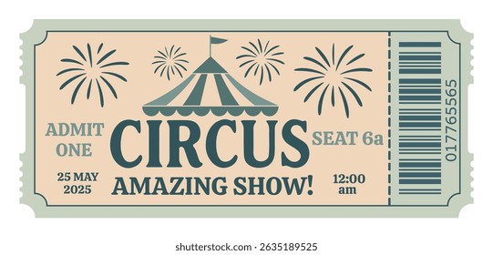 Circus ticket. Vector flat horizontal ticket in vintage style, simple style, light blue, beige pastel color palette