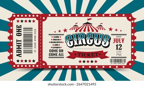 Circus ticket. Vector flat horizontal ticket in vintage style, simple style.	