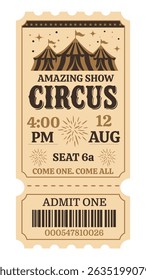 Circus ticket. Vector flat vertical ticket in vintage style, simple style, brown, gold, beige pastel color palette