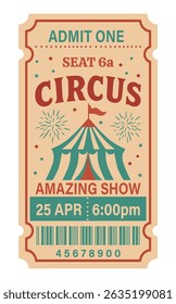 Circus ticket. Vector flat vertical ticket in vintage style, simple style, red, blue, beige pastel color palette