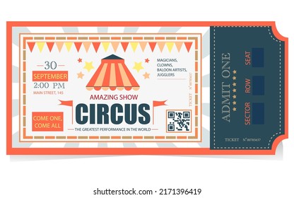 Circus Ticket vintage Illustration, with circus elements, admit one coupon mention, code and text elements for arts festival and events.