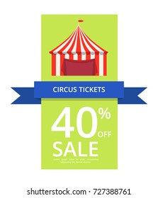 Circus tickets 40% off sale written on blue ribbon on green background vector illustration isolated on white, including space for placing your text