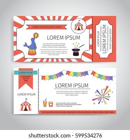 Circus tickets design. Magic show with trained animals entrance tickets templates set. Abstract design. Front and back side vector template