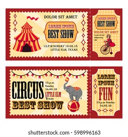 Circus tickets design with tent, monkey and elephant