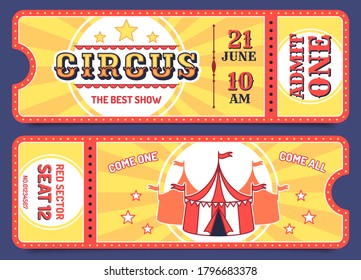 Boletos de circo. Plantillas de entradas de entrada con texto de muestra, cupón de invitación para atracciones, eventos de carnaval, juego de vectores de espectáculo mágico retro. Admitir una mención de cupón, entretenida actuación