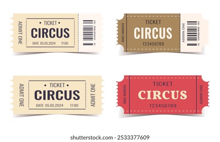 Circus tickets isolated on white background. Set of different Ticket Vector design options, circus, performance, popcorn, play, festival, event, concert Ticket realistic template.  icon for website.
