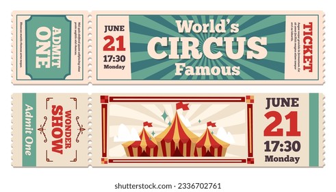 Circus tickets. Retro cartoon circus event invitation with textured paper for cabaret festival, holiday amusement celebration. Vector set. Magic show entrance coupon, entertainment