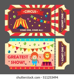 Circus tickets set, vector illustration. Magic show entrance ticket template for circus entrance