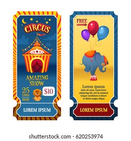 Circus Tickets. Circus tent at night. Elephant and Lion. Bright festive illustration for printing and children's holidays